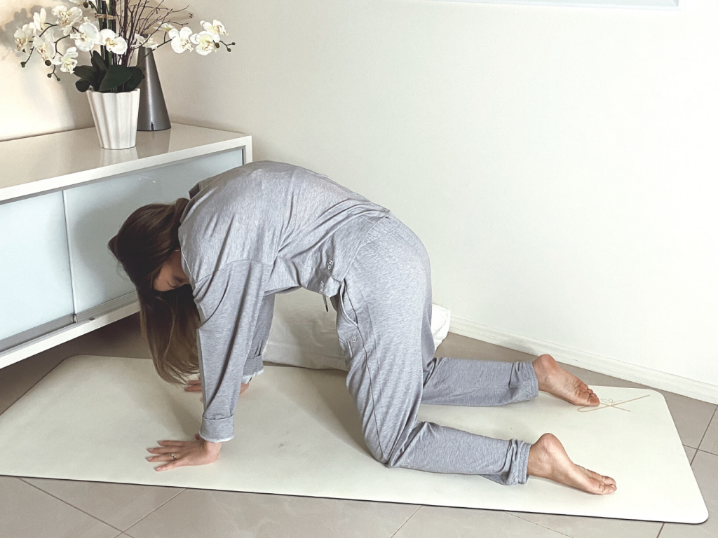 Woman hands and knees with rounded back demonstrating a Cat and Cow stretch