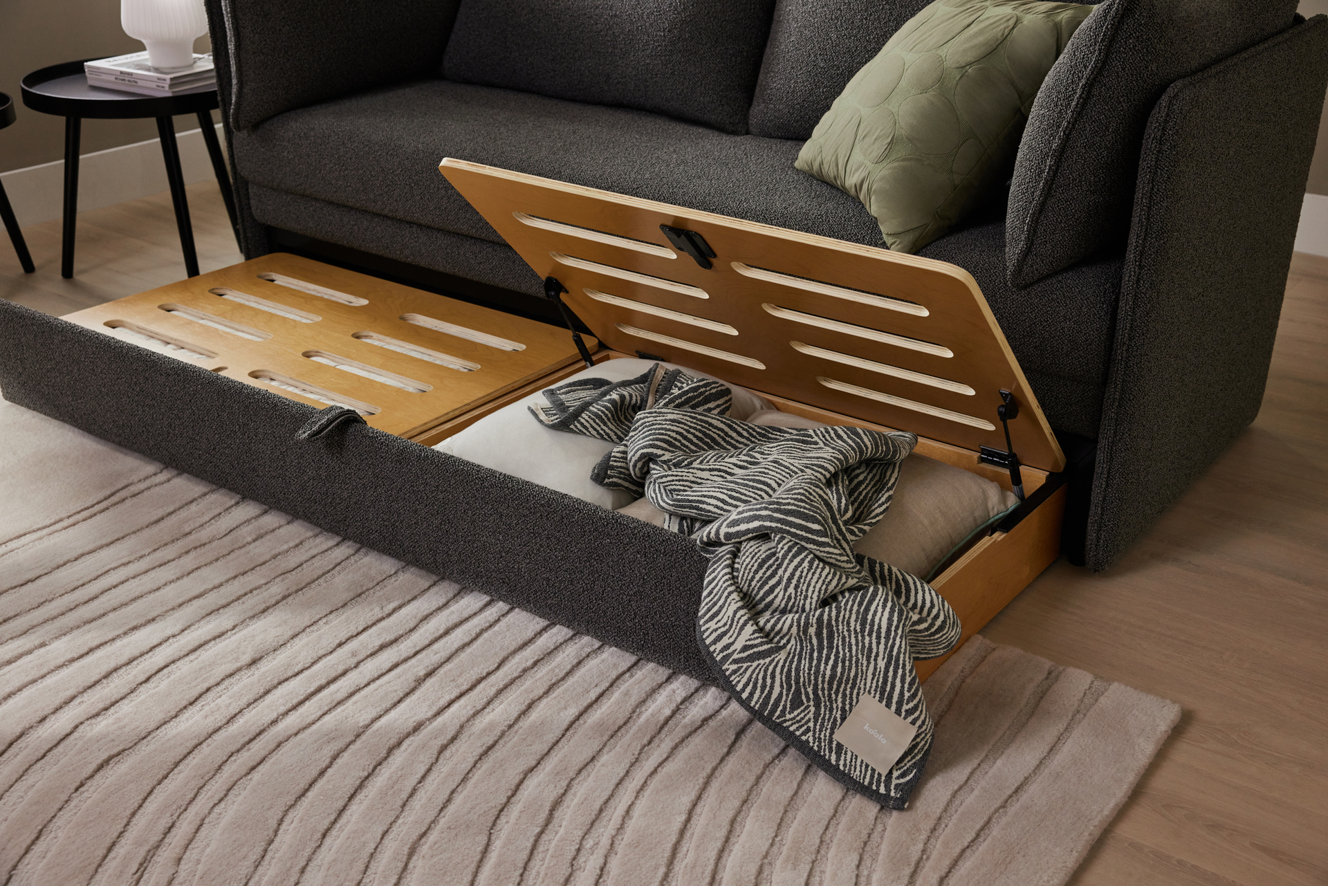 A close-up of the Koala Stunner Sofa Bed’s storage drawers